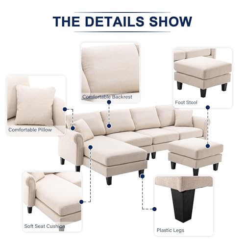 Image of Nathan 6 Seater L Shape Sofa with Centre Table | 6 Seater Sofa Set for Living Room | Premium Fabric Sofas (Nathan Cream, RHS)