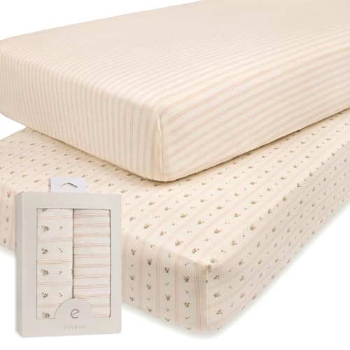 Image of Ely's & Co. Crib Sheets, Baby Girl Fitted Crib Mattress Sheet Set, 2 Pack, 100% Jersey Knit Cotton, Infant and Toddler Nursery Bedding, 28” x 52” Pink Linear Floral Collection