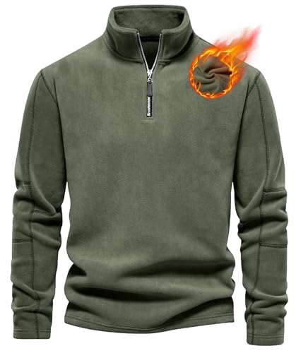 Livonmone Herren Fleece Pullover Warmes Microfleece Sweatshirt Half Zip Fleecepullover Armee Grün L