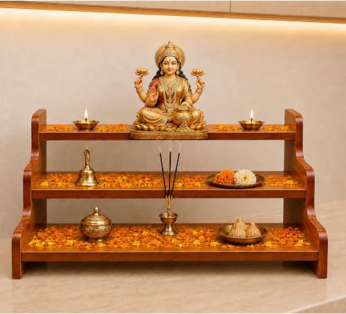 3-Tier Wooden Pooja Stand for Home Temple | Premium Mandir Shelf ...