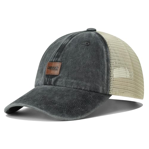 Image of Croogo Leather Patch Mesh Back Cap Washed Cotton Dad Hat | Breathable Material /Adjustable Design /Unstructured Hats /Vintage Wash /Exclusive Products
