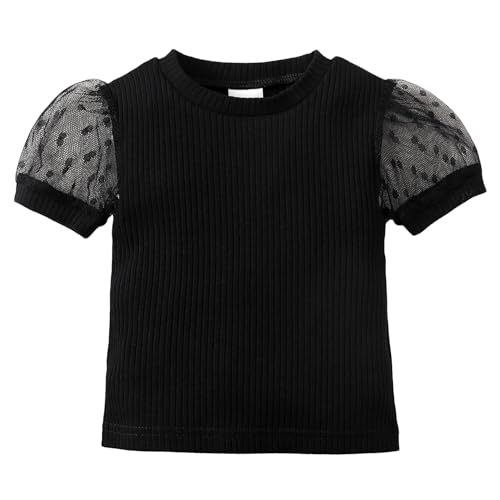 Image of OPAWO Toddler Girl Shirts, Puff Dot Sleeve Baby Tee Shirt, Ribbed Short Sleeve T-Shirt, Solid Color Girls Tshirt Tops, 12M-7Y