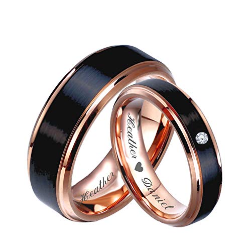Personalized Rose Gold & Brushed Black Gunmetal Tungsten Ring Set Custom Engraved Free In Any Language - Couple's Ring Set - Wedding Band Set - Ships from USA