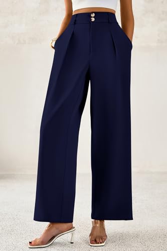 Image of CFLONGE Women Wide Leg Dress Pants High Waist Work Trousers Button Pleated Slacks Palazzo Pants Business Casual Outfits