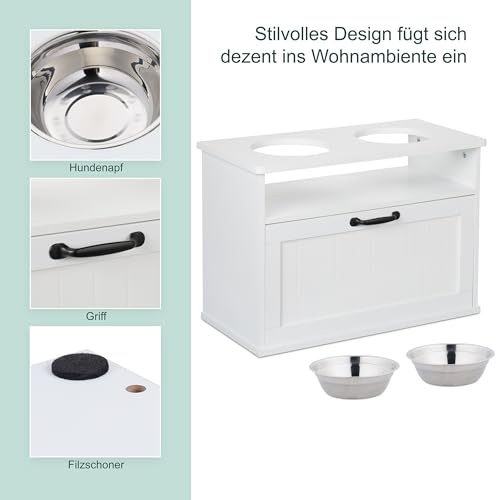 Relaxdays Futterstation Hund, 2 Hundenäpfe, Stauraum, HxBxT: 42 x 60 x 30 cm, erhöhte Hundebar, MDF, Hundeschrank, weiß
