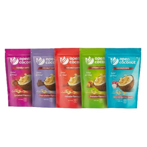 Variety Pack - 90 gm Each Caramel, Chocolate, Masala, Potato, & Sour Cream & Onion Baked Coconut Chips with MCT Oil |Assorted Flavours |Snacks for Adults & Kids| Vegan |Fresh & Delicious