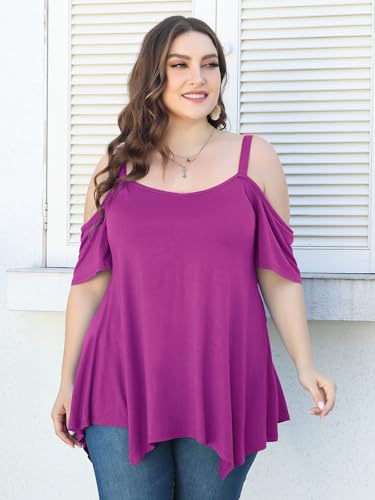Image of LARACE Cold Shoulder Tops for Womens Summer Clothes Spaghetti Strape Tunic Oversized Shirts Asymmetrical Plus Size Blouse