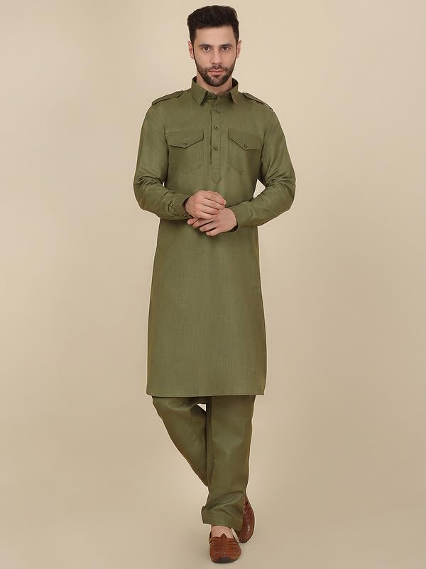 Image of KRAFT INDIA Men's Cotton Pathani Kurta With Drawstring Salwar Set