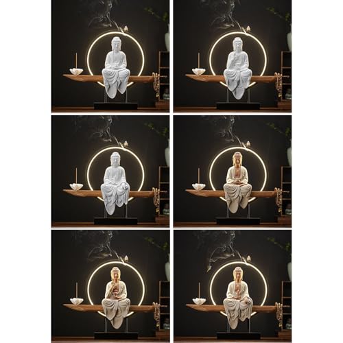 Statua buddista con bruciatore di incenso e lampada circolare a LED, decorazione da parete zen da parete, opera d'arte da appendere per soggiorno e illuminazione del portico