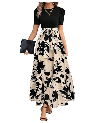 WDIRARA Women's Floral Print Color Block Maxi Dress Puff Sleeve Belted A Line Dresses