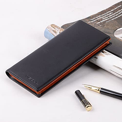 Image of VISOUL Leather Checkbook Cover Wallet for Men with RFID Blocking, Mens Long Bifold Cash Tall Wallet with 11 Credit Card Slots 1 ID Window (Black and Orange)