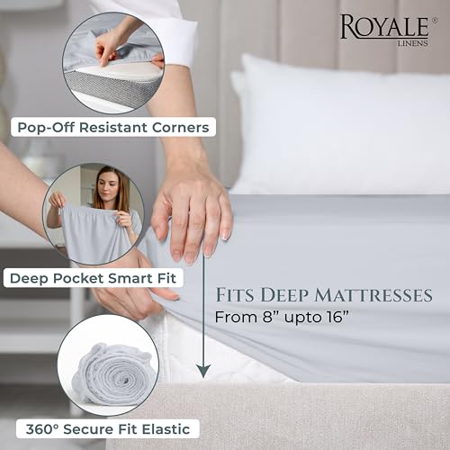 Image of Royale Linens 400 Thread Count Full Size Fitted Sheets Only - 100% Cotton Fitted Full Sheet Only - Luxury Sateen Weave - All Around Elastic Deep Pocket - Bottom Sheets Fit Up to 16 inch (Spanish Silver)