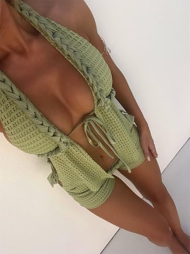 Women Crochet Two Piece Outfits Halter Mesh Top Shorts Cover Up Summer Beach Vacation 2 Piece Set3