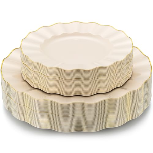 ISFANGCO 60Pcs Heavy Weight Ivory Plastic Plates with Gold Trim Heavy Duty Wedding Plates Elegant Disposable Plate Sets include 30 Dinner & 30 Dessert Plates for Party & Wedding(30 Guests)