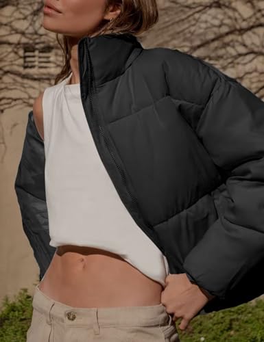 Yimoon Women's Cropped Puffer Jackets Casual Padded Jacket Long Sleeve Full Zip Stand Collar Winter Coat4