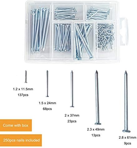 250pk Assorted Nails for Wood - DIY and Crafts Flat Head Nails, Zinc Plated Nails for Hanging Pictures, Home Décor Woodwork, Assortment Construction Nails