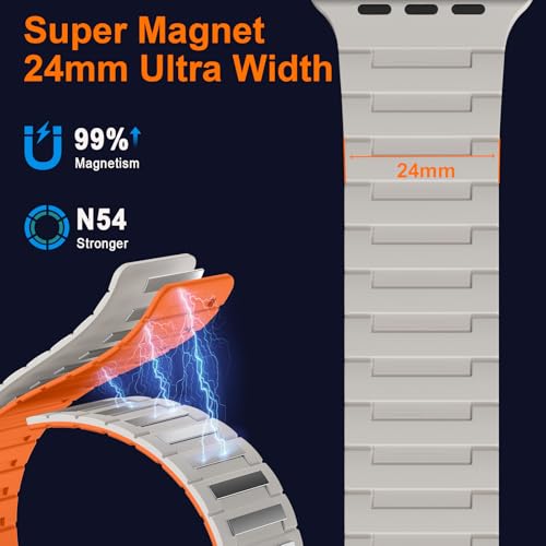 Suphart Strong Magnetic Bands Compatible with Apple Watch Band 49mm 46mm 45mm 44mm 42mm 41mm 40mm 38mm, Silicone Strap for iWatch Ultra 2 SE Series 10 9 8 7 6 5 4（49/46/45/44/42mm, Starlight-Orange） — view 3