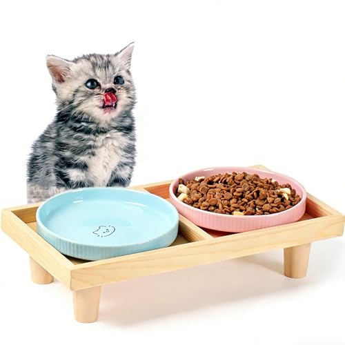 Katzennapf Flach Keramik mit Holzständer, Erhöhte Futterstation Tisch mit 2 Keramiknäpfe, Futternapf Katze Schalen-Durchmesser 16 cm