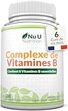 Vitamine B Complex | 8 vitamines par comprimé | Vitamines B1/B2/B3/B5/B6/B12/D-biotine/acide folique | cure de 6 mois/180 comprimés | Compléments alimentaires de Nu U Nutrition