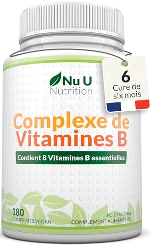 Vitamine B Complex - 180 Comprimés Végétaliens pour 6 Mois - 8 Vitamines par Comprimé - Vitamines B1, B2, B3, B5, B6, B12, Biotine, Acide folique - Nu U Nutrition