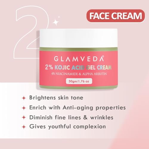 Image of Glamveda 2% Kojic Acid Skin Care Combo | Brightening Facewash & Gel Cream | Remove Fades Dark Spots, Pigmentation & Acne Scars | Evens Skin Tone | Blemishes & Boosts Radiance | Women & Men 200ml