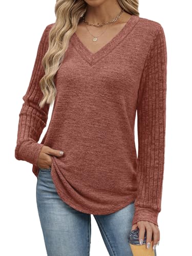 WIHOLL Sleeve Patchwork Shirts for Women Loose Fit V Neck Fall Outfits 2025 Trendy Sweaters Casual Tunic Tops