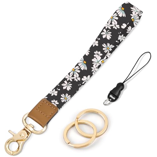 Knagsfa Wristlet Keychain, Cute Wrist Lanyards for Keys Wrist Keychain Strap for Women Wallet, Phone, ID Badges, Black Daisy