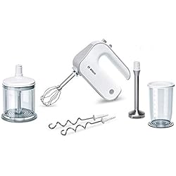 Amasadora Picadora Batidora Bosch MFQ4080 Batidora amasadora con set de accesorios de repostería, 500 W, 5 Velocidades, Blanco