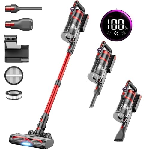 MUTGOF Cordless Vacuum Cleaner, 550W 45KPA 60Mins Vacuum Cleaners for Home, Rechargeable Stick Vacuum Cordless with LED Screen, Anti-Tangle V-Shaped Brush for Carpet,Pet Hair,Hardwood Floor