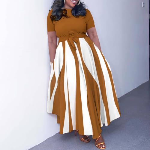 Image of BFFBABY Plus Size Dress A Line Dresses for Women Summer Long Dresses with Sleeve Casual Belted