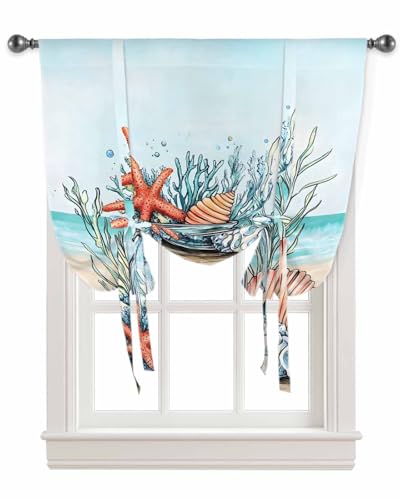 Tie Up Curtains for Kitchen Windows,Summer Ocean Coral Shell Starfish Adjustable Balloon Shade Curtain Panel Rod Pocket Drapes for Small Window Decor 34