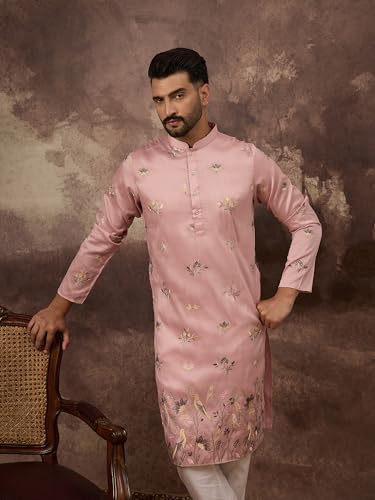 Image of Men's Calf Length Silk Blend Embroidered Solid Kurtas | Men | Kurtas for Mens | Straight Fit Kurta for Men's