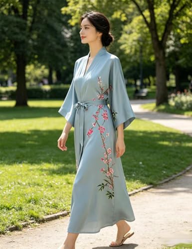 Image of Women's Classic 100% Silk Kimono Robe, Bathrobe-Printed Pattern