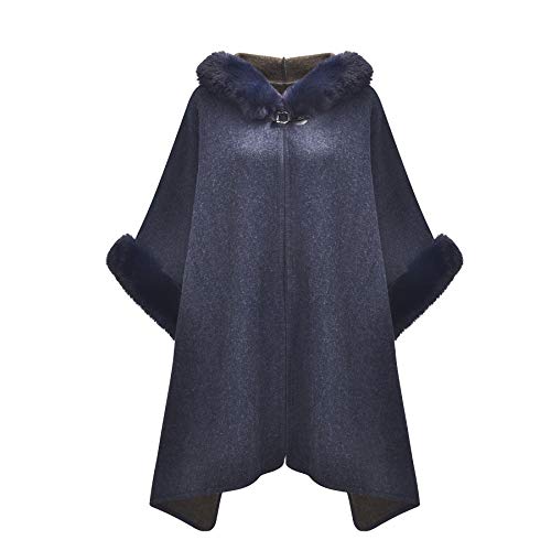Image of ZLYC Women Winter Hooded Poncho Nape Faux Fur Warm Cardigan Sweater Cloak(Navy),One Size