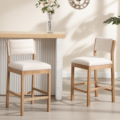 BESTANO 26” Counter Height Bar Stools Set of 4 Linen Upholstered Kitchen Island Stools with Back Mid Century Rectangle Wood Barstools Countertop Bar Chairs, Beige - Thumbnail 2