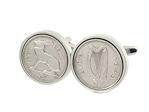 Worldcoincufflinks - Cufflinks - Rhodium plated - 1949 - Irish Threepence Coin 71st Birthday Cufflinks
