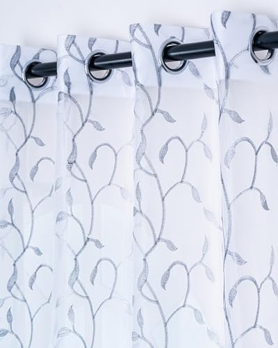 Image of (7 Ft Embroidered Tissue Curtain | Small Leaf Floral Design Grommet Curtains Window Curtain |Vintage Classical Floral Print | For Home | White & Grey(Pack Of 1) | 213 L X 121 W Centimeters