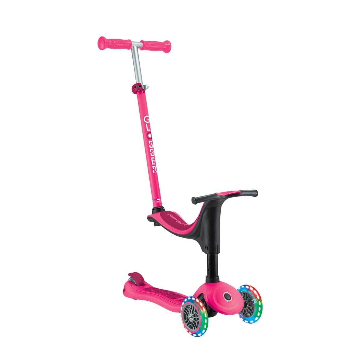 Globber - GO•UP Sporty Lights - Trottinette évolutive 3 Roues avec siège, pour Les Enfants de 15 Mois à 6 Ans, Rose