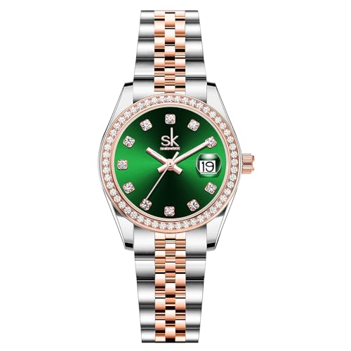 SHENGKE Las Mujeres de Cristal Acentuado con Banda de Acero de aleación sólida Reloj Elegante Vestido de Cuarzo Calendario Relojes para Mujer (Rosegold-Verde)