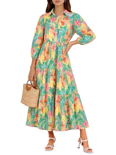Image of Wenrine Womens Casual 3 /4 Sleeve Shirt Dress Button Down V Neck Tiered Collared Flowy Maxi Dress