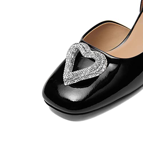XYD Women Square Closed Toe Chunky Flats Shimmer Heart Shaped Rhinestone Decor D'Orsay Classic Slim Ankle Strap Girls Low Heel Dress Party Casual Shoes3