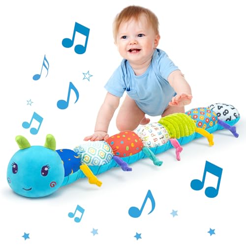 Image of Baby Infant Musical Toy Soft Stuffed Animal Toy with Multi Textures,Rattle,Crinkle,Newborn Baby Toy for 0 3 6 9 12 Months Girls Boy Gift,Caterpillar,Blue