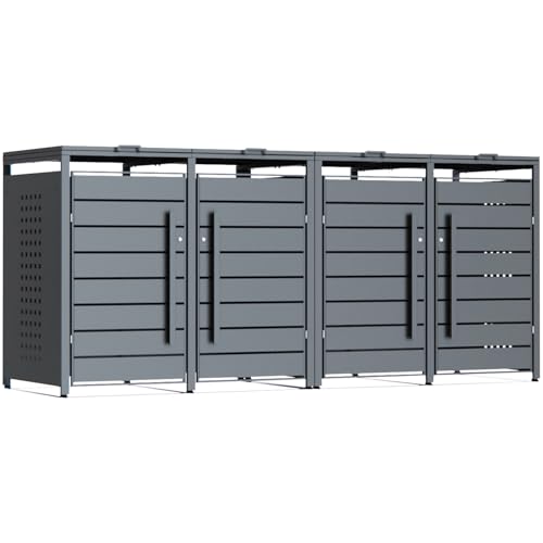 CHOSHOME Quadruple Wheelie Bin Storage, 240L Outdoor Garden Bin Hideaway in Weather-Resistant Powder-Coated Steel Anthracite Grey, Features Assisted Lifting Lid & Lock, 80D x 264W x 116H cm