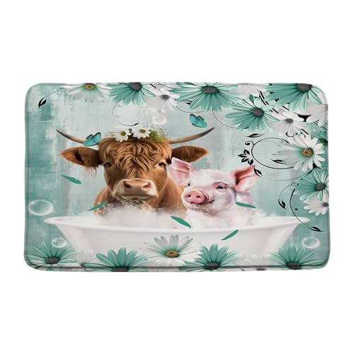 Sunhe Farmhouse Pig Highland Cow Bath Mat Western Farm Animal Longhorn Bull Rustic Daisy Floral 16