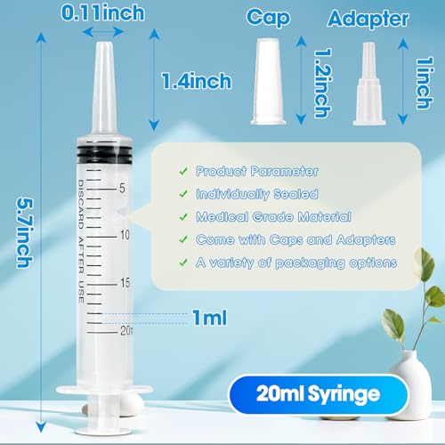 Image of 20ml Syringe for Liquid,5 Pack Large Plastic Syringes with Adapters and Cap,Individually Sealed Syringe for Feeding,Irrigation Water and Scientific Labs