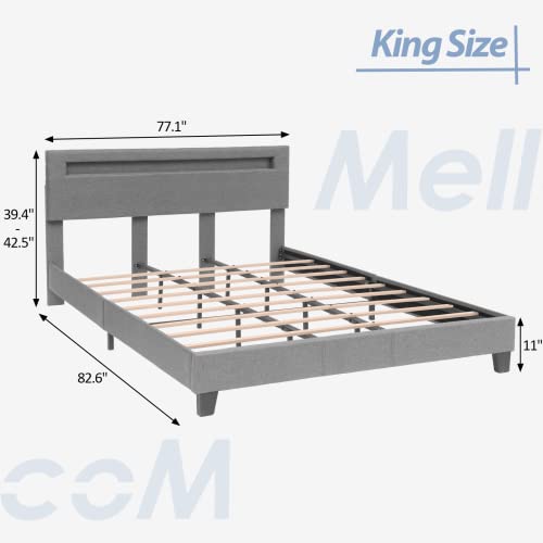 Mellcom King Size Bed Frame, Modern Fabric Upholstered Platform Bed With 16 Colors Led And Adjustable Headboard, No Box Spring Needed, Light Gray #TOP1