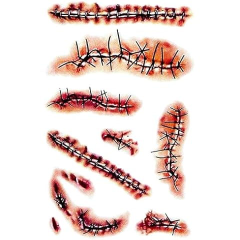 Halloween Temporary Face Tattoos Realistic Chucky Tattoos Zombie Makeup Tattoos Chucky Costume Adult Women Men Kids Fake Stitches Scary Bloody Scar Tattoos Stickers Good Guys Overalls Zombie Costume Cover