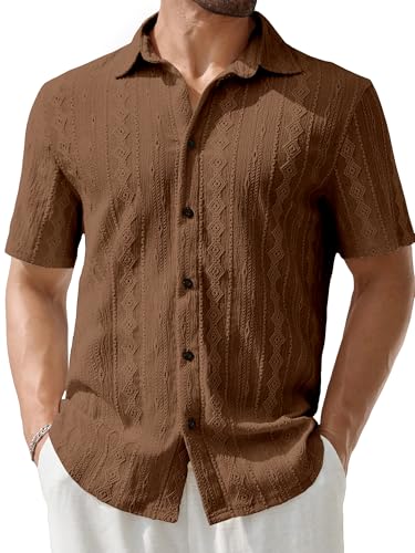 PLEPAN Men's Beach Casual Shirts Button Down Shirts Short Sleeve Tropical Summer Vacation Shirts with Vintage Striped