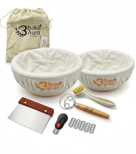 Bake Aura Bundle Bread Maker Sourdough Starter Kit with 2x9In Large Rattan Basket, Dough Scraper, Dough Whisk, Sourdough Bread Baking Supplies – Natural Indonesian Rattan – Splinter Free and Food Safe