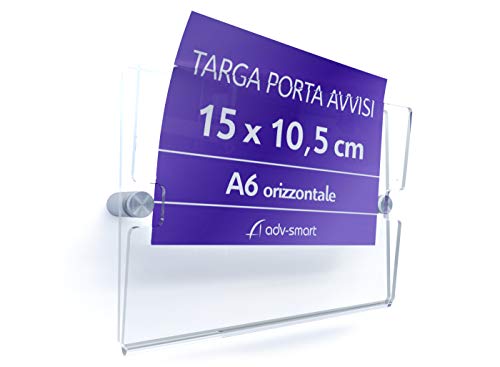 adv-smart Targa in Plexiglass Porta Avvisi, Messaggio, Flayer, formato 15x10,5 cm A6 orizzontale, prezzi, offerte e informazioni. Tasca apribile a V con distanziali a parete